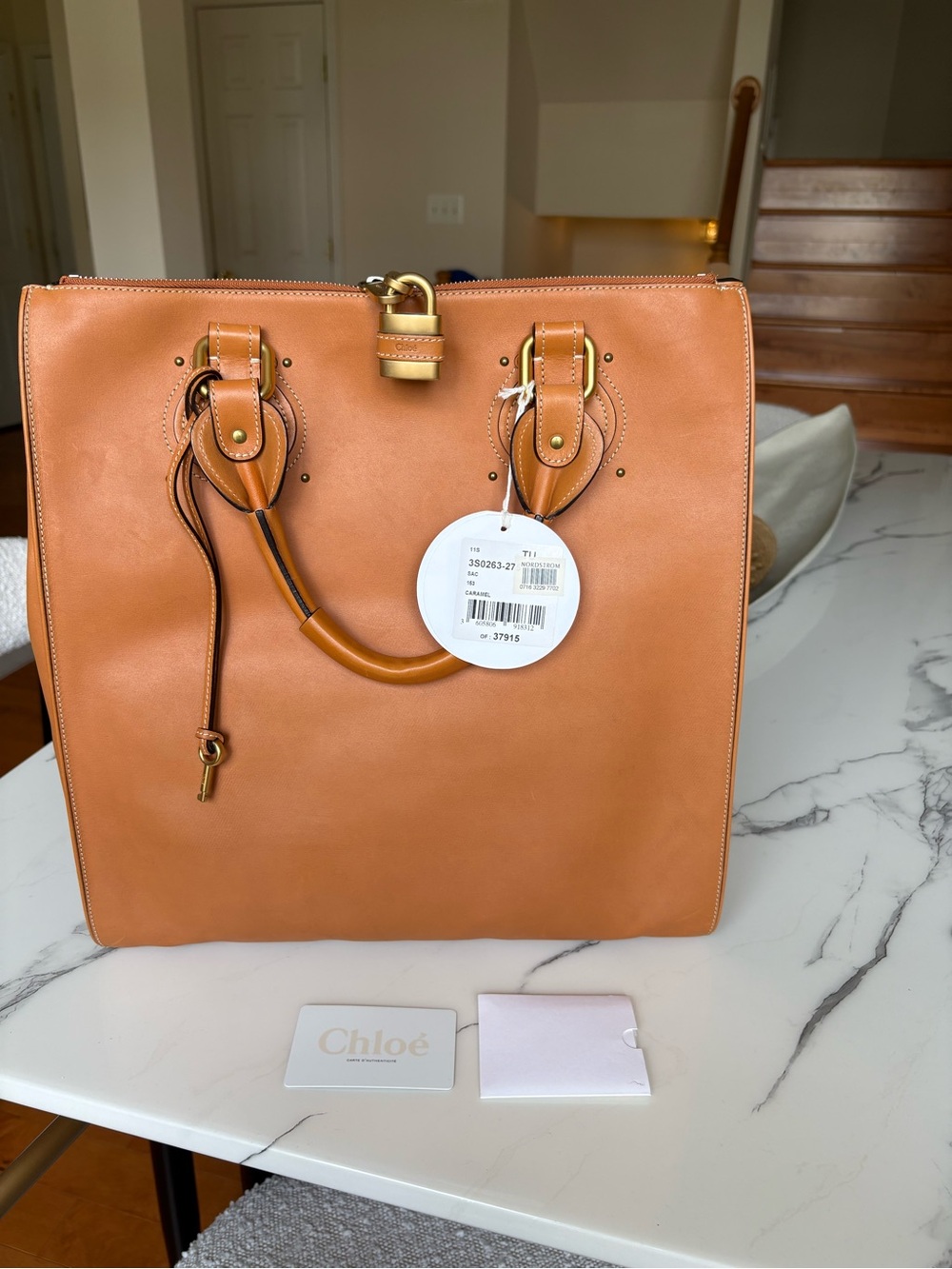 Chloé Cognac Leather Tote with Gold-Tone Padlock
